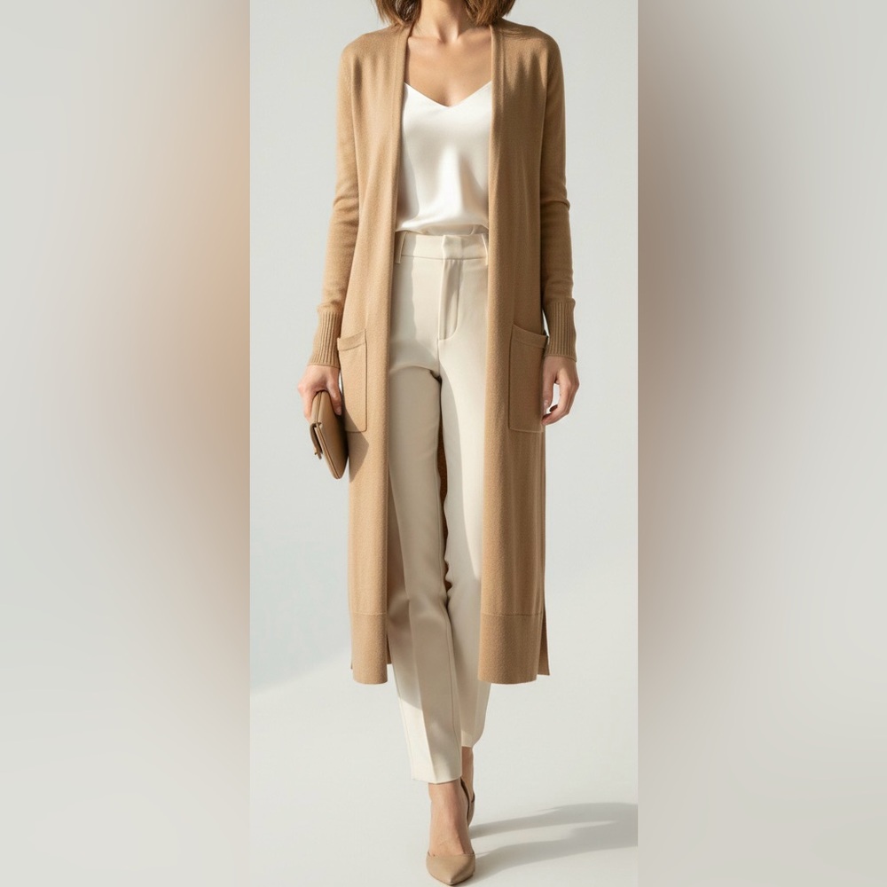 TAHARI merino wool blend knit open front maxi Cardigan‎ size small - Tan